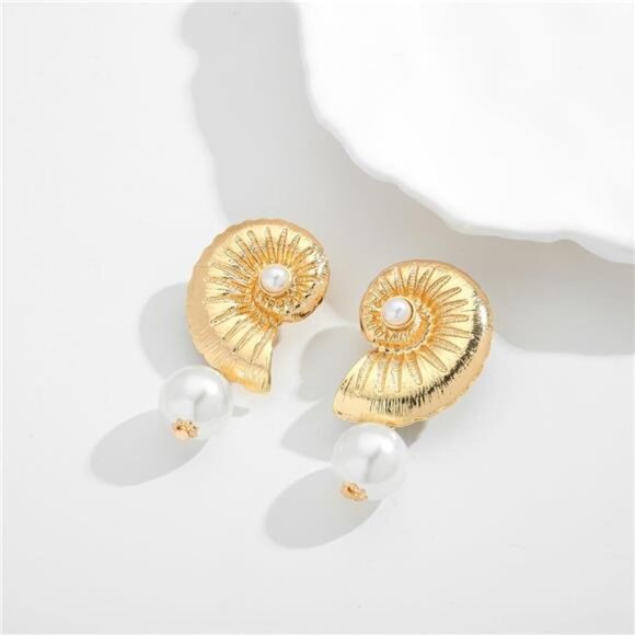 Gold Conch Shell Pearl Earrings | Ocean-Inspired Dangle Earrings - Picture 3 of 6